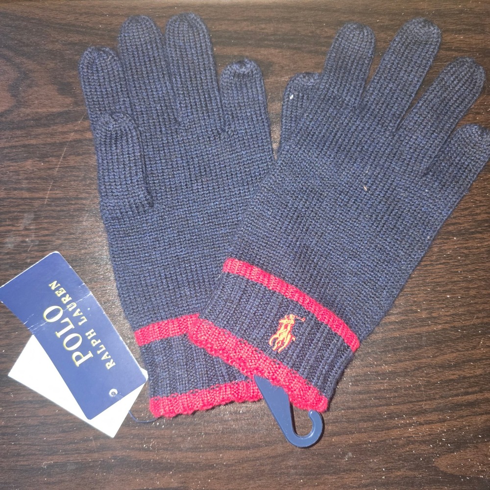Polo Ralph Lauren Knit Gloves One Size 8-20 Boys Navy Blue 100% Wool Pony Logo